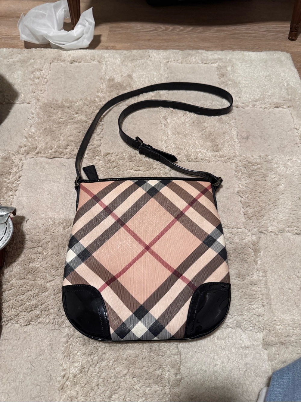 Burberry Nova Check Crossbody Bag Black Patent Leather Trim Vintage Bag